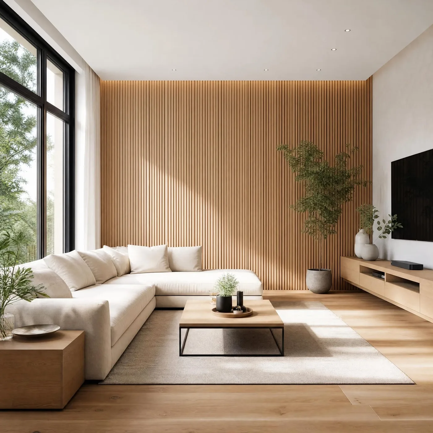 Réalisation : Salon & mur en tasseaux bois — Aménagement intérieur