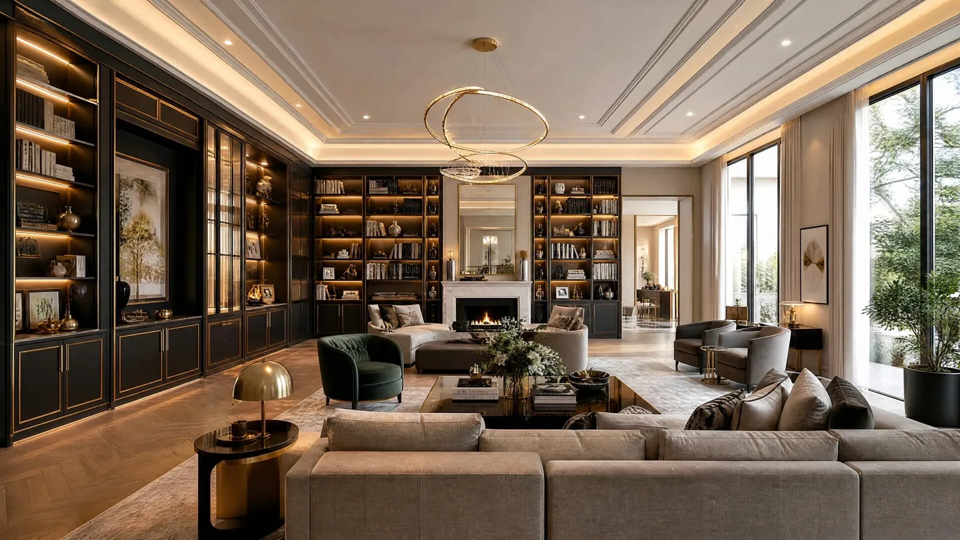 Réalisation : Salon bibliothèque & cheminée — Rénovation complète