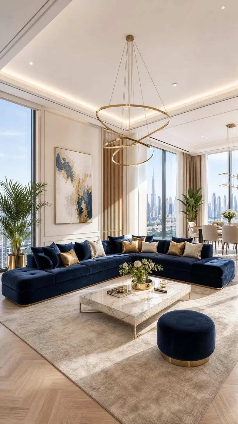 Réalisation : Salon design & velours bleu — Décoration