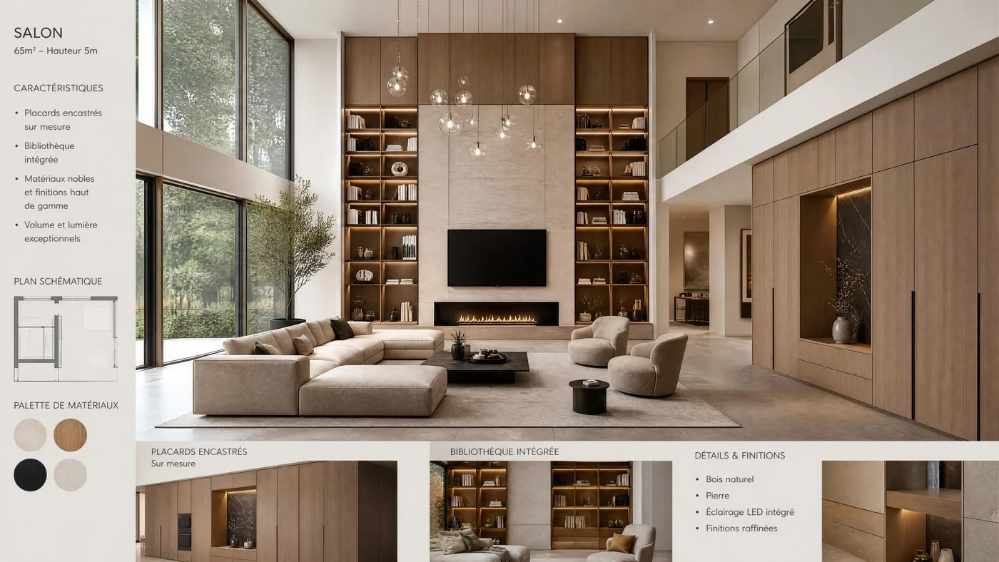 Réalisation : Planche de conception — salon 65 m² — Conception & étude